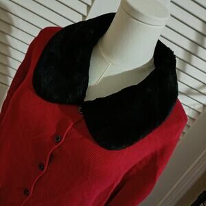 VTG Faux Fur Collar L Red Cardigan Sweater Kathie Lee Collection Cotton Blend